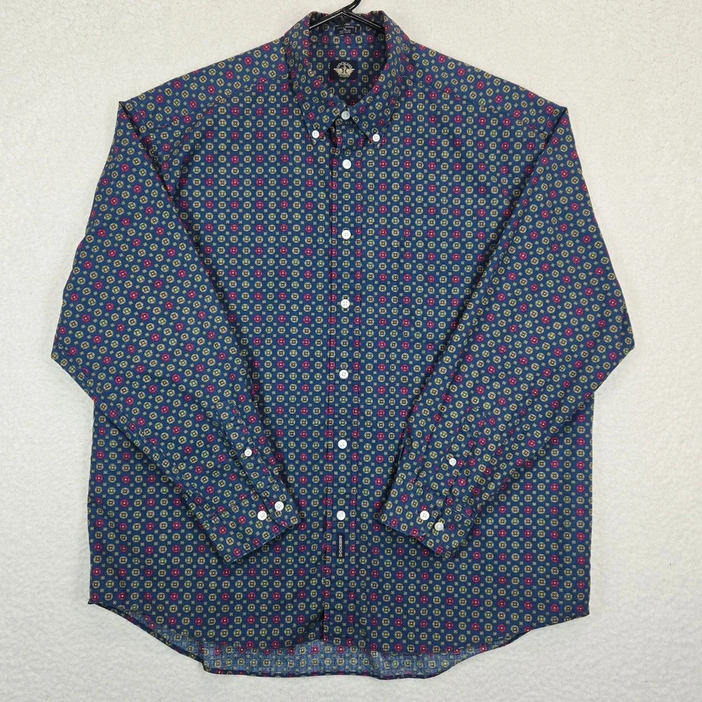 Vintage 90s Dockers Mens XL Button Down Shirt Long Sleeve Geometric Blue Red XL